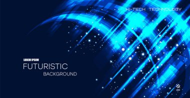 Soyut teknolojik altyapı. Mavi arka planda yüksek bilgisayar ve iletişim teknolojilerinin gelecekteki illüstrasyonu. Yüksek teknoloji dijital teknoloji, küresel sosyal medya kavramı. Vektör.