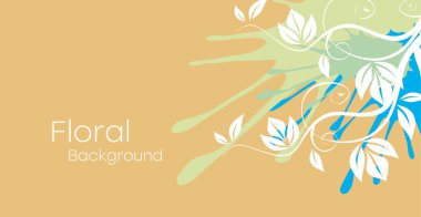 Çok renkli sıçramalar, çiçek, yaprak ve dalların siluetleri ile soyut renkli bir arka plan. Vektör.