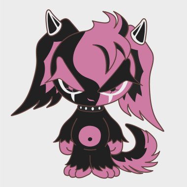 Şirin siyah ve pembe şeytan. Cadılar Bayramı için komik bir chibi karakteri. Çizgi film karakteri tasarımı. EPS 10.