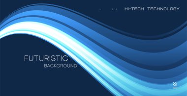 Parlak çizgilerin soyut dinamik bileşimi bir akarsuyun hareketini oluşturur, grafik tasarım elementleriyle fütüristik mavi arkaplan. Vektör.