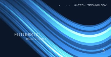 Parlak çizgilerin soyut dinamik bileşimi bir akarsuyun hareketini oluşturur, grafik tasarım elementleriyle fütüristik mavi arkaplan. Vektör.