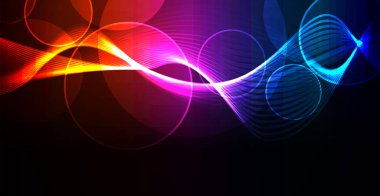 Çok renkli dalga ve kürelerle soyut vektör arkaplanı, vektör illüstrasyonu. Çok amaçlı tasarım bir kılıf olarak kullanılabilir. Bir gece kulübü için parlak renkli bir illüstrasyon. Parti geçmişi. Vektör.