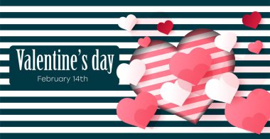 Sevgililer Günü 'nde şenlikli bir geçmiş. Pembe ve kırmızı kalpli pankartlar, poster şablonu. Dekorasyon kalpleri olan soyut bir arka plan. 14 Şubat Sevgililer Günün kutlu olsun..