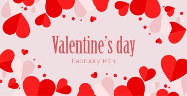 Sevgililer Günü 'nde şenlikli bir geçmiş. Pembe ve kırmızı kalpli pankartlar, poster şablonu. Dekorasyon kalpleri olan soyut bir arka plan. 14 Şubat Sevgililer Günün kutlu olsun..