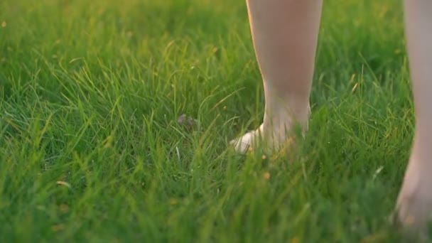 Barefoot vrouw gezien door voeten loopt alleen op groen gras — Stockvideo