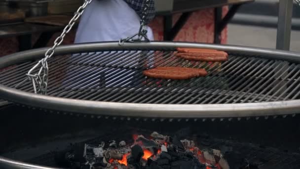 Sausages Frying On The Grid Outdoors — Stock Video