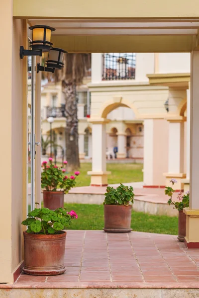 Çiçek, seramik kaplar ile Toskana tarzında sundurma rustik Villa