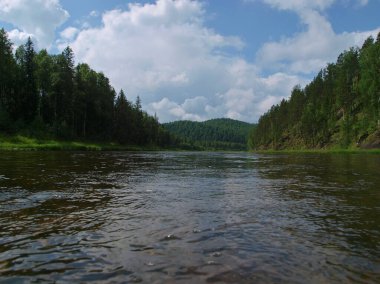 Sibirya Taiga 'da Sukhoi Pit nehri. Güneşli Ağustos günü. Yeniseisk yakınlarındaki Krasnoyarsk bölgesinde..