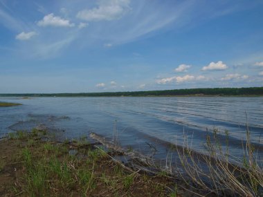 Yenisei Nehri üzerindeki Sibirya manzarası. Haziran, Krasnoyarsk Bölgesi, Rusya.
