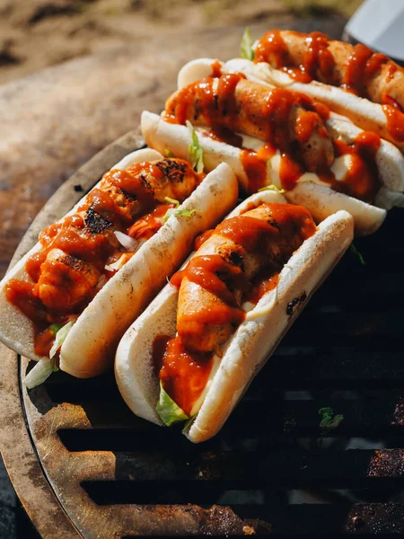 Hot Dogs Bbq Sausages Sauce Buns Greens Street Food — Stock Photo, Image