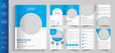 Broşür, broşür, dergi, katalog veya şirket raporu için 8 sayfalık mavi renkli şablonun en az temiz ve temiz geometrik tasarımı. A4 boy, 8 sayfalık şirket profil broşürü tasarımı, 8 sayfalık emlak broşürü tasarımı, kurumsal iş broşürü. 