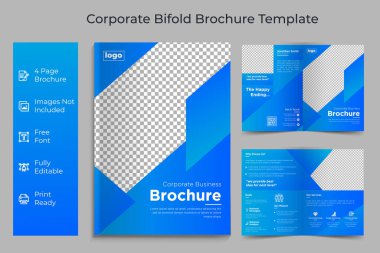 Kurumsal çift katlı broşür tasarım şablonu. Business Bi-Fold Broşürü. Bifold Broşür Düzeni. Bi broşür tasarımı. Çift katlı broşür, modern daire fotoğrafı ve soyut arkaplan. İki katlı el ilanı ya da broşür.