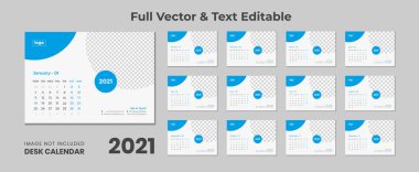 2021 mavi çizgili masa takvimi, Mavi masa takvimi 2021, Yeni Masa Takvimi 2021 şablonu - 12 ay dahil, Yeni Yıl 2021 Masa Takvimi, 2021 yıllık takvim. Hafta Pazar günü başlıyor. Düz stil renk vektör illüstrasyonu. Yıllık takvim temposu