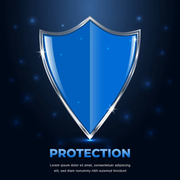 Kalkan Koruması Koyu Mavi Arka Planda Parlak Bir Güvenlik Kalkanı — Stok Vektör