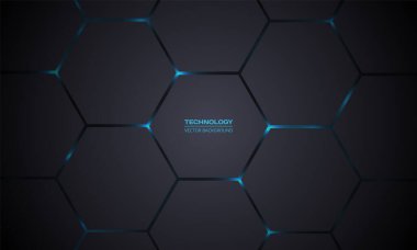 Koyu gri altıgen teknoloji vektörü soyut arka plan. Modern teknoloji fütüristik arka plan illüstrasyonunda altıgen altında mavi parlak enerji parlamaları. Koyu gri bal peteği desen ızgarası.