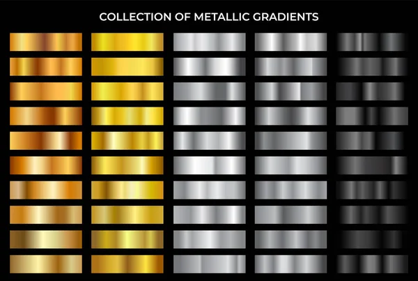 Altın, bronz, gümüş ve siyah doku ayrıştırma seti. Metalik vektör eğimleri. Krom düğme, çerçeve, kurdele, sınır, etiket tasarımı için zarif, parlak ve parlak gradyan koleksiyonu.