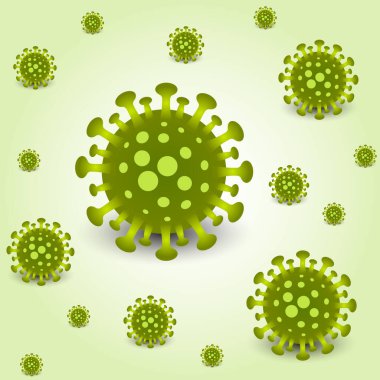 Coronavirus covid-19 vektör arka planı. Yeşil deve arka planında Corona virüsü enfeksiyonu covid-19 hücreleri. Enfeksiyon tehlikesi 2019-ncov roman koronavirüs bakterisi. Corona virüsünü durdur.