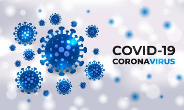 Beyaz tıbbi vektör arka planında tipografisi olan Covid-19 hücreleri mavi bakteriler. Coronavirus mavi renkli viral hücreler. Corona virüsü, covid19 gerçekçi vektör arkaplanı.