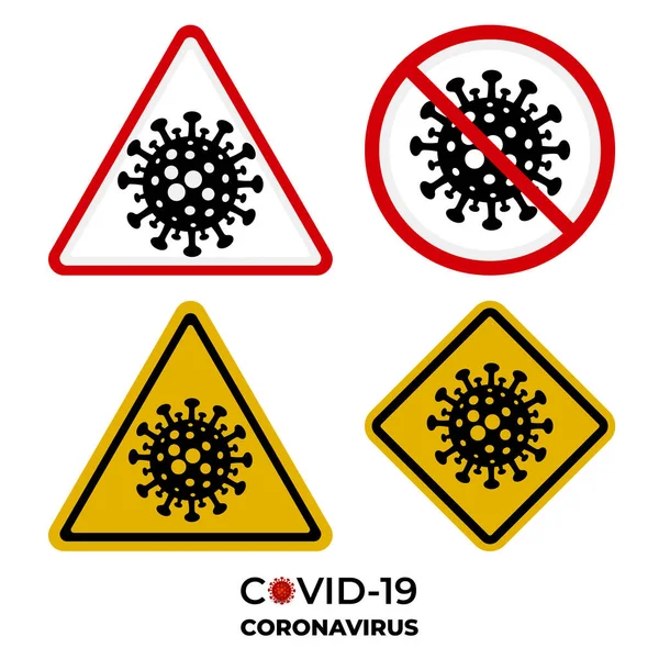 Coronavirus Figyelmeztető Jelek Fertőzés Veszélye Covid Koronavírus Baktériumok Pandémiás Stop — Stock Vector