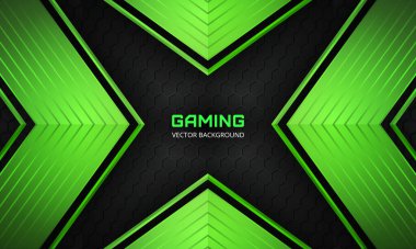 Fütürist soyut siyah ve yeşil oyun afişi. Altıgen karbon fiber ızgarası ve yeşil okları olan koyu soyut bir zemin. Futuristik lüks modern spor geçmişi.