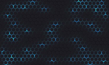 Koyu gri ve mavi teknoloji altıgen vektör arka planı. Karanlık ileri teknolojili modern vektör arka planında, altıgen altında soyut mavi parlak enerji parlamaları. Gri oyun bal peteği desen ızgarası.