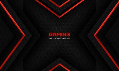 Kırmızı oklar, altıgen karbon fiber ızgara ve siyah üçgenlerle modern siyah oyun arka planı.