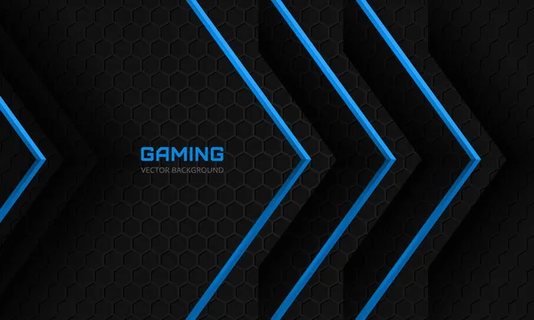 Dunkler Gaming-Hintergrund mit blauen Pfeilen auf einem dunklen, abstrakten sechseckigen Gitter — Stockvektor