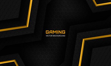 Sarı açılı modern siyah oyun arka planı altıgen karbon fiber ızgara ve siyah üçgenler.