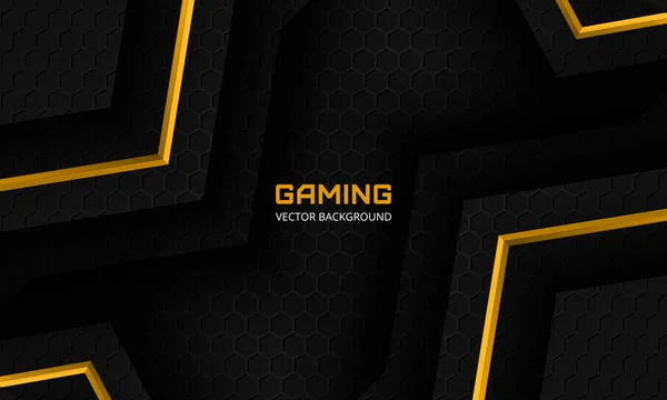 Modern black gaming background with yellow angles hexagon carbon fiber grid and black triangles. — Stock Vector