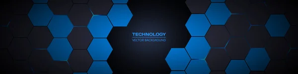 Dark wide banner tecnologia esagonale astratta — Vettoriale Stock