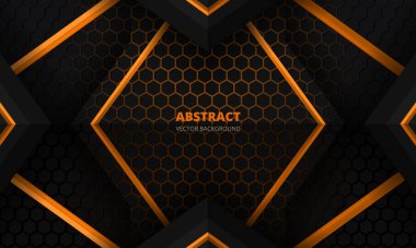 Altıgen karbon fiber ızgaralı ve siyah üçgenli gelecekçi siyah ve turuncu oyun afişi.