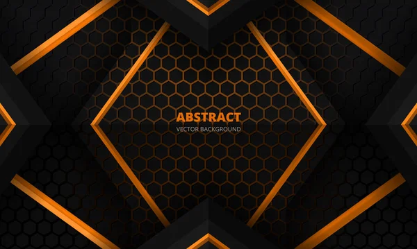 Bannière de jeu abstraite futuriste noire et orange avec grille hexagonale en fibre de carbone et triangles noirs. — Image vectorielle