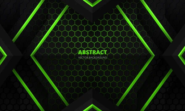 Banner de juego abstracto negro y verde futurista con rejilla de fibra de carbono hexágono y triángulos negros. — Vector de stock