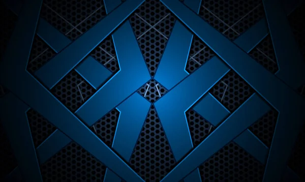 Тёмно-синий футуристический трёхмерный фон с абстрактными металлическими фигурами и шестиугольной углеродной сетью. — стоковый вектор
