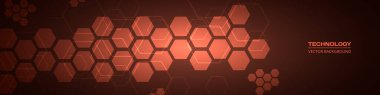 Koyu kırmızı teknoloji, altıgen elementlerle soyut geniş arkaplan.