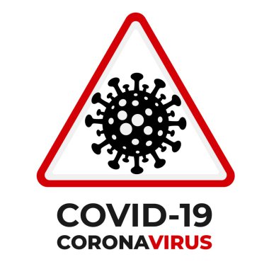 Kırmızı üçgen işaretli Covid-19 simgesi. Coronavirus salgını Coronavirus salgınını durdurur. Enfeksiyon tehlikesi 2019-ncov yeni bakteri. Covid19 'u durdur.