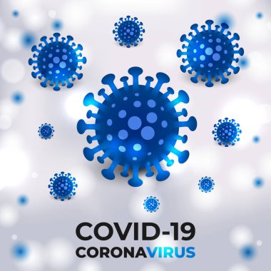 Coronavirus hücreleri mavi bakteriyel beyaz bir tıbbi vektör arka planı üzerinde tipografi ile. Covid19 mavi renkli viral hücreler. Corona virüsü, covid-19 gerçekçi vektör arkaplanı.