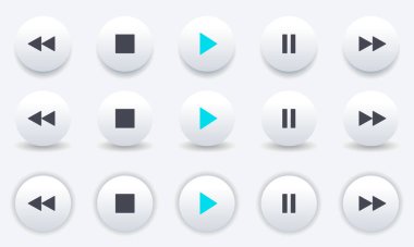Ortam oynatıcı simgeleri ayarlandı. Video veya ses oynatıcısını kontrol etmek için düğmeler. Beyaz hacimli 3d izole düğme paketi. Çal, dur, duraklat, sonra, geri sar, müzik çalar simgesi.