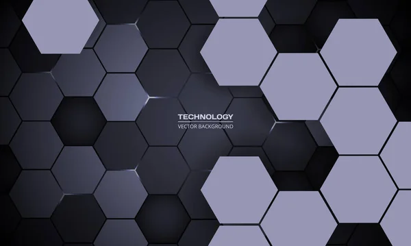 Escuro hexagonal abstrato tecnologia 3D fundo com energia branca pisca sob hexágono — Vetor de Stock