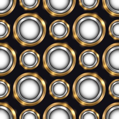 Siyah zemin üzerinde altın ve gümüş geometrik daireler bulunan lüks, pürüzsüz bir desen..