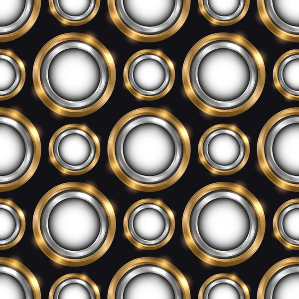 Luxury seamless pattern with jewelry gold and silver geometric circles on black background. — Stock Vector