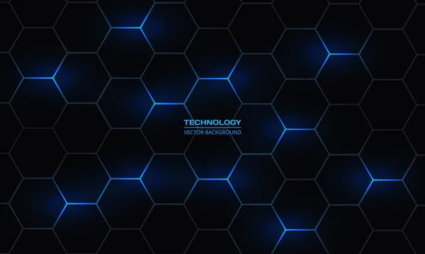 Tecnología abstracta hexagonal oscura fondo ingenio azul brillante energía destellos. — Vector de stock