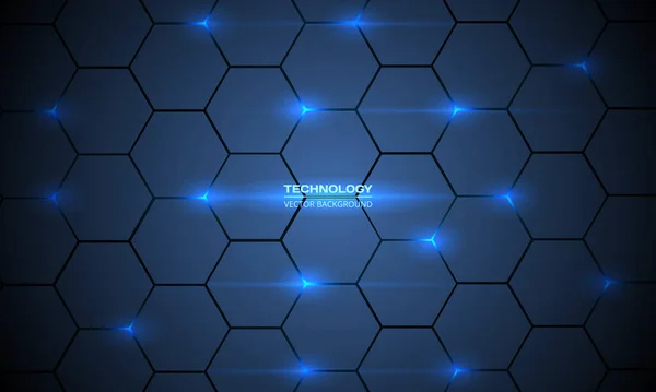 Dark blue abstract hexagonal technology background wit blue bright energy flashes. — стоковый вектор