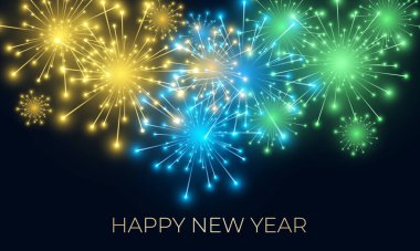 Yeni yıl arkaplanı havai fişekler ve ışıltılı kutlama ışıklarıyla.
