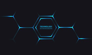 Fütürist teknoloji arka planında altıgen altında mavi parlak enerji parlamaları.