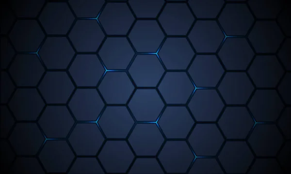 Tecnologia padrão hexagonal azul escuro fundo abstrato com flashes brilhantes. — Vetor de Stock
