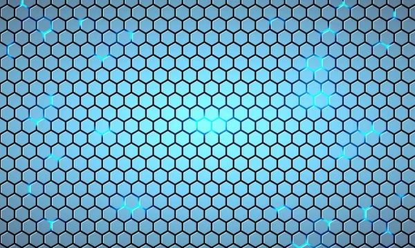 Ανοιχτό μπλε εξαγωνικό τεχνολογία αφηρημένο υπόβαθρο με φωτεινές λάμψεις — Διανυσματικό Αρχείο