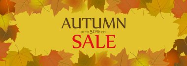 Sonbahar reklamı soyut satış afişi ve düşen yapraklar. Vektör illüstrasyonu