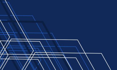 Mavi ve beyaz geometrik çizgileri ve çizgileri olan koyu mavi soyut modern arka plan. Vektör illüstrasyonu