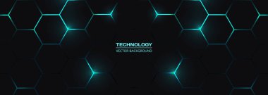 Karanlık altıgen soyut teknoloji arka planı. Altıgen altında mavi parlak ışıklar var. Altıgen oyun vektör teknolojisi geniş resimleme.